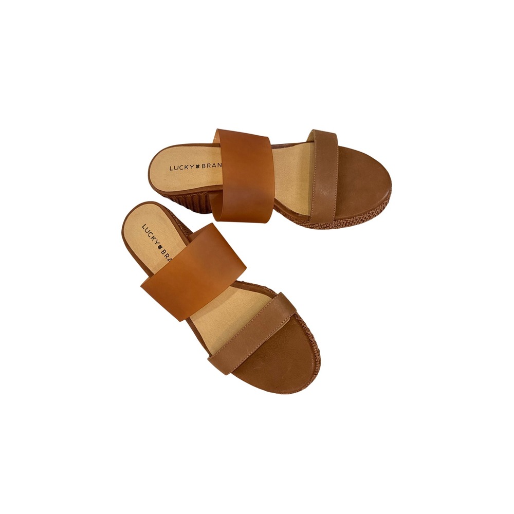 Lucky Brand Brown Leather Wedge Platform Sandals Slides Women's Shoes
